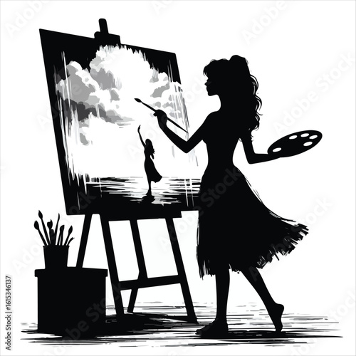 Silhouette woman artist painting at a cafe table with a drink, illustrating a lifestyle moment