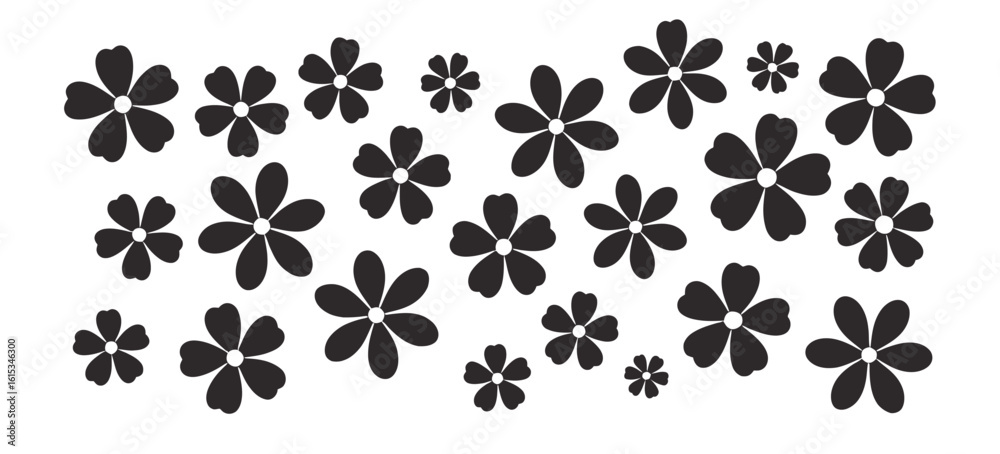 Fototapeta premium Spring flower icon, cute summer plant, retro black sticker daisy, groovy chamomile, simple vintage camomile element, floral doodle set isolated on white background. Abstract modern vector design