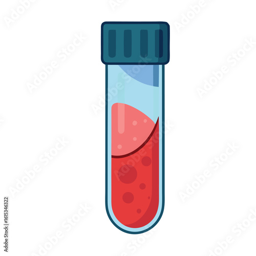Crimson liquid in clear glass vial with dark blue cap blood