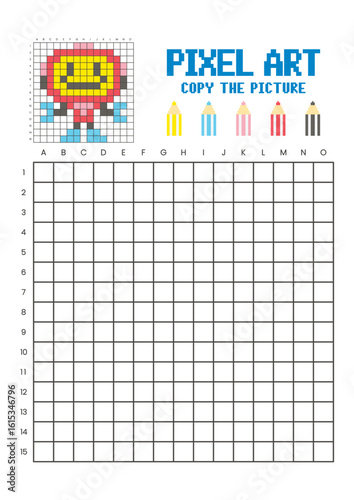 Copy the picture grid drawing worksheet for kids. Pixel art robot