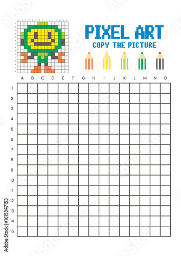 Copy the picture grid drawing worksheet for kids. Pixel art robot