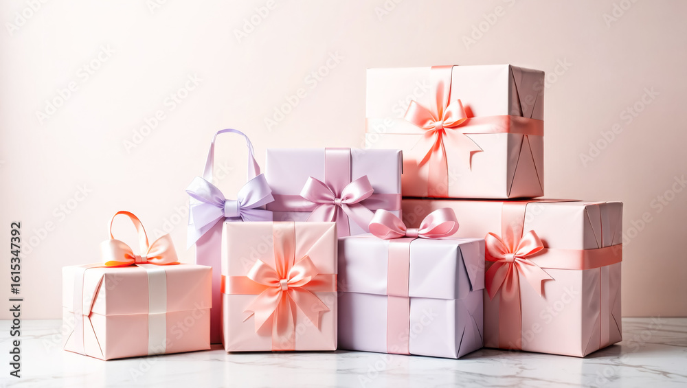 Obraz premium Stack of pink boxes with bows on them