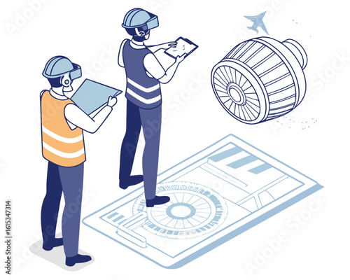 Isometric scene of engineers using VR to examine jet engine digital twin, enabling advanced diagnostics and predictive maintenance in industrial applications.
