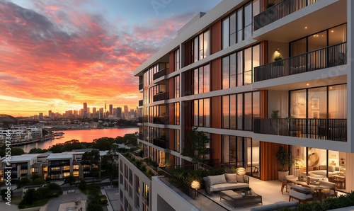 Luxury Apartment Balcony With Panoramic City Skyline View At Colorful Sunset In Sydney Australia