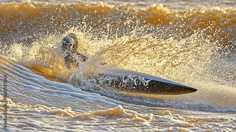 Fototapeta premium Surfer skillfully riding a majestic wave under clear blue skies on a sunlit day at the beach