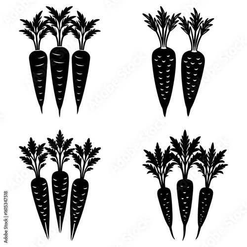Illustration showing four groups of carrots with leaves in a black and white color scheme