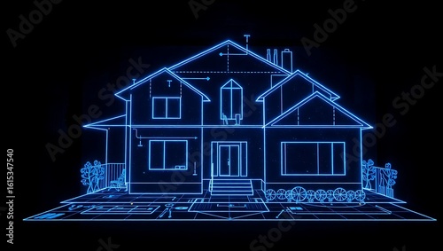 Blue neon house blueprint on black background showcasing architectural design and construction details