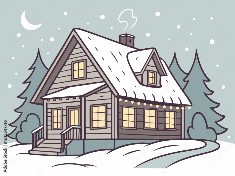 Fototapeta premium Cozy snow covered cabin in a winter wonderland