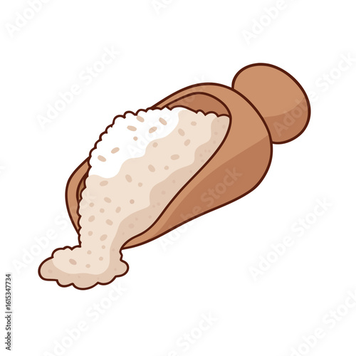 Wooden scoop filled with white granular substance beige