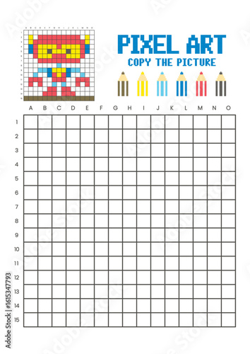 Copy the picture grid drawing worksheet for kids. Pixel art robot