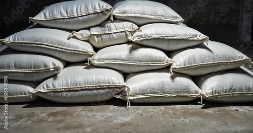 Stacked white sacks industrial background