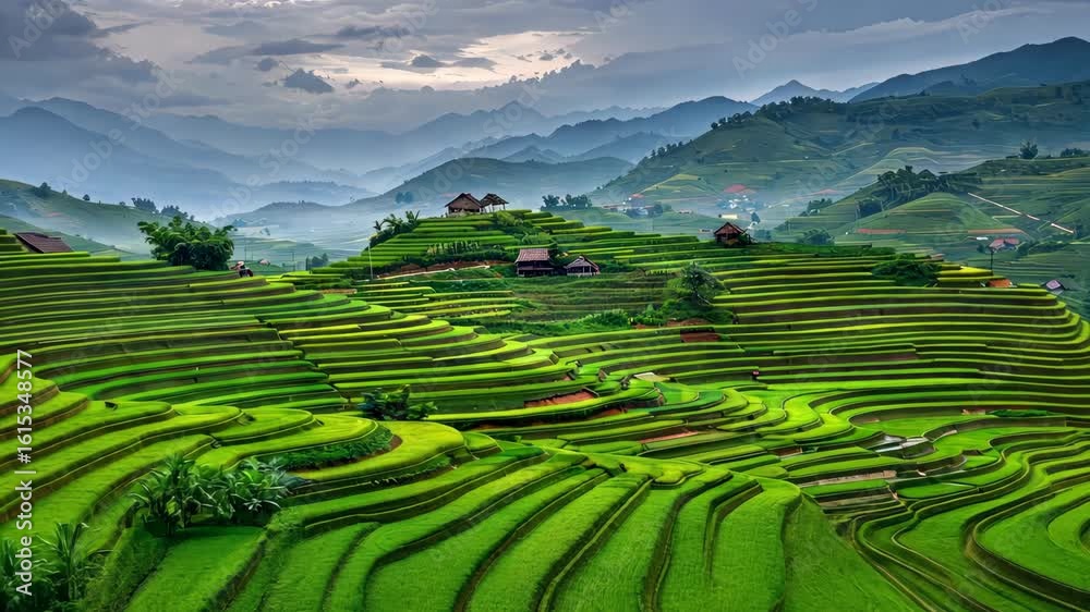 Explore the breathtaking beauty of lush terraced rice fields surrounded by mountains as dusk settles over the tranquil countryside