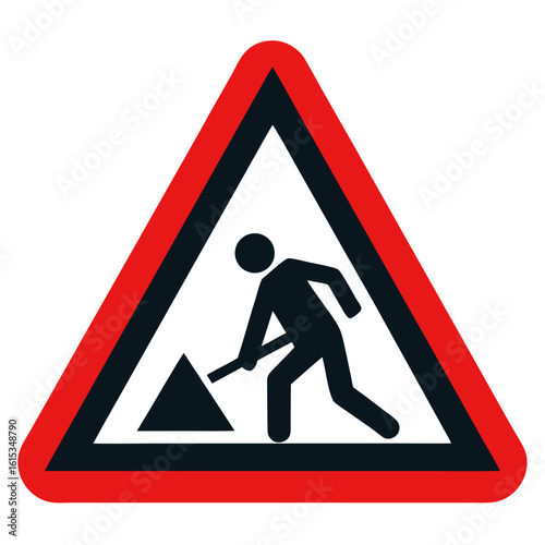 Yellow diamond roadwork warning sign with black border and silhouette