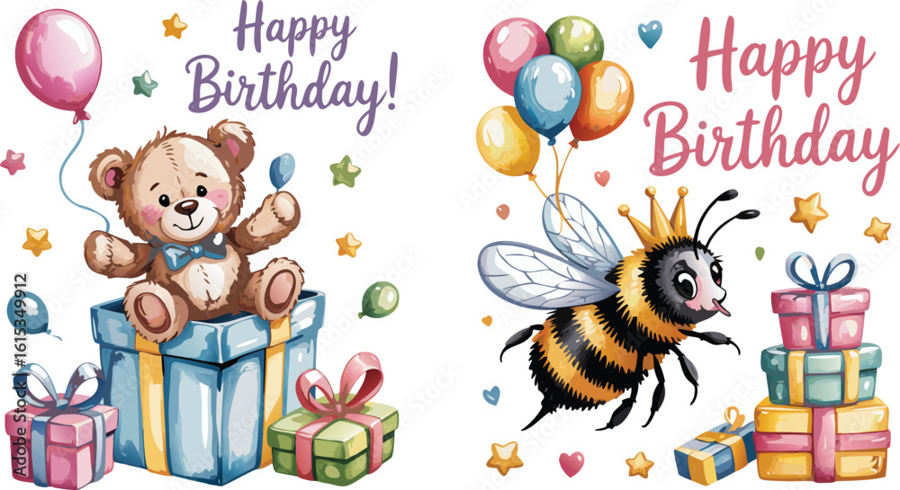 Fototapeta premium Adorable Watercolor Happy Birthday Images Featuring a Teddy Bear with Gifts and a Queen Bee