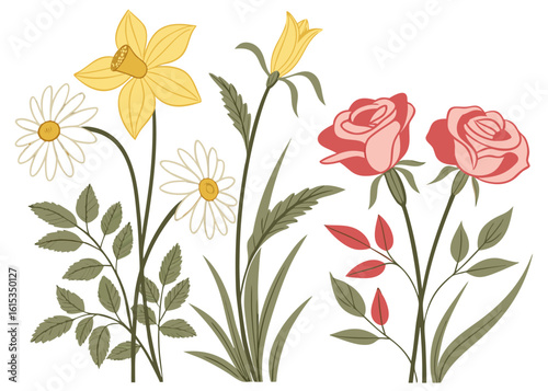 A collection of beautifully illustrated flowers and leaves