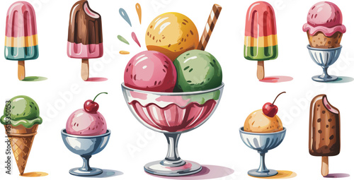 Assorted Colorful Ice Cream Treats Popsicles, Cones, Sundaes in Bowls, Isolated on White