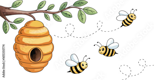 Cartoon Bees Flying Near a Tree Branch with Leaves and a Honeycomb Beehive