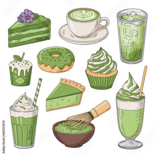 Matcha Sweets and Drinks a Delicious Green Tea Collection Displaying Cakes Donut Latte Frappe Pie and Whisk