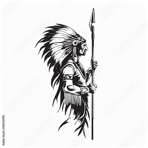 Native American Indian Chief Standing with Spear Vector in Traditional Tribal Warrior Style