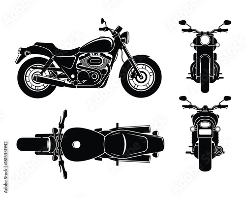 Detailed Motorcycle Vector Illustration showcasing Top, Side, and Front Views with precision