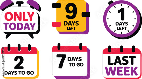 Colorful Cartoon Illustration Featuring Countdown Timers with Different Durations, Including Days and Last Week