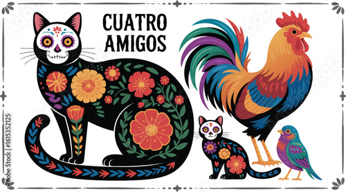 Colorful Cuatro Amigos Illustration Día de los MuertosInspired Cat, Rooster and Bird, Framed Art