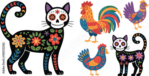 Colorful Day of the Dead Animals Sugar Skull Cats, Rooster, and Hen Illustration