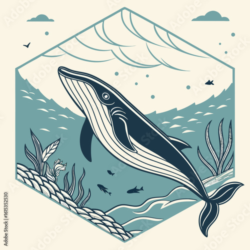 Majestic blue whale breaching in a stylized ocean scene with mountains above