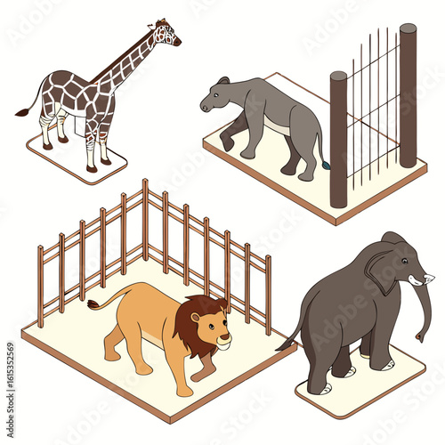 Isometric zoo animals in enclosures with wooden fences and cages
