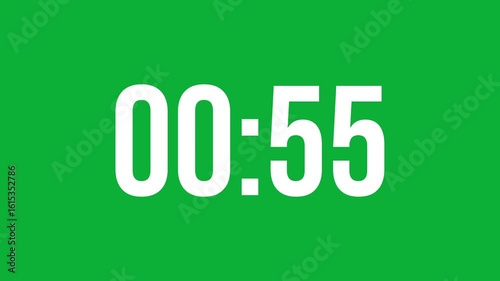 Digital countdown clock timer in one minute or 60 seconds to zero second. White text number on green background