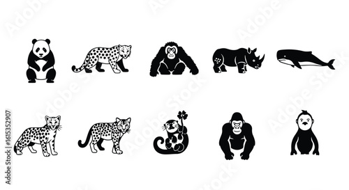 Vector silhouette illustration silhouette of an orangutan sitting and an otter holding a fourleaf clover, isolated on white background