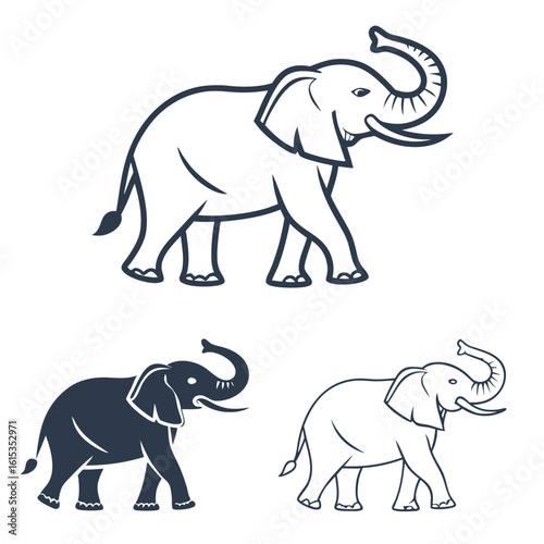 Three stylized elephant icons in outline and silhouette forms