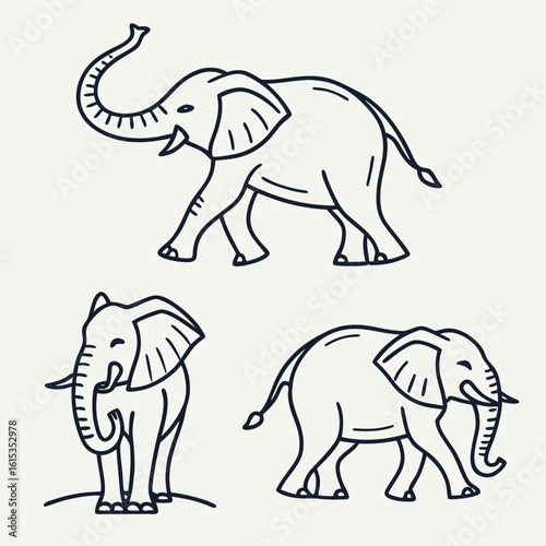 Three simple line art elephants in different poses on a light background