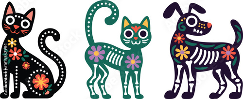 Día de los Muertos Animals Black Cat, Green Cat and Dog with Floral Sugar Skull Designs