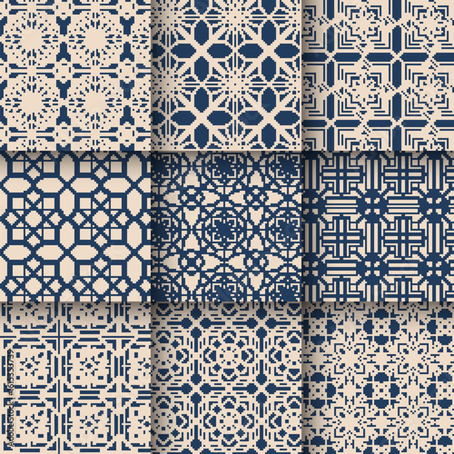 Set of Islamic geometric seamless patterns set collection, Elegant arabesque arabic tile pattern in blue and beige. Moroccan Middle Eastern art and sacred symmetry motif. Vector illustration.