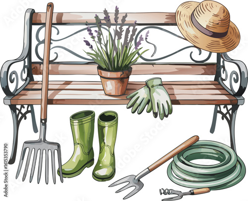 Gardening Tools on a Bench with Lavender, Boots, Hose, and Hat Illustration