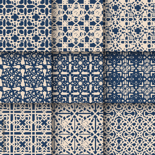 Set of Islamic geometric seamless patterns set collection, Elegant arabesque arabic tile pattern in blue and beige. Moroccan Middle Eastern art and sacred symmetry motif. Vector illustration.
