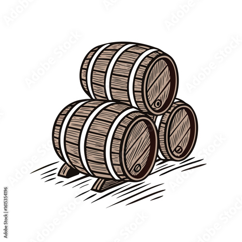 Stacked wooden barrels with metal bands storage liquid