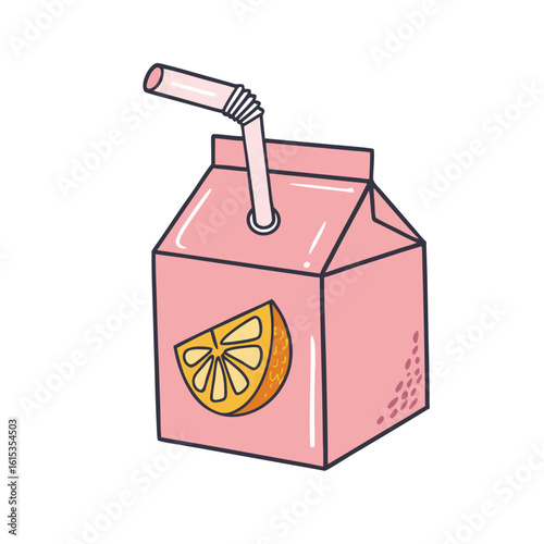 Pink juice box with orange slice and straw carton