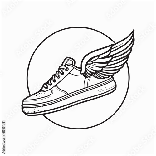 Winged Sneaker Inside Circular Frame Vector Design Representing Speed, Freedom and Motion