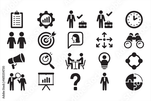 Vector Icons for Business Teamwork: Goal, Discussion, Gear, and Strategy