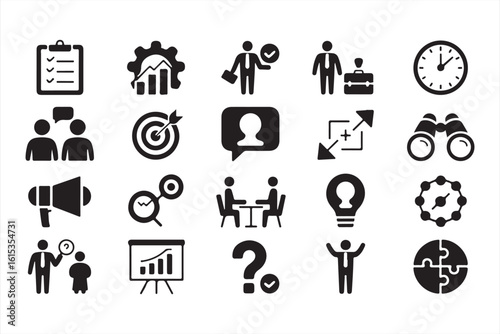 Business Strategy and Teamwork Icons: Target, Meeting, Innovation, and More
