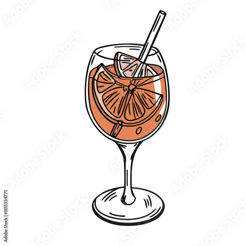 Refreshing orange cocktail with citrus slices and straw drink glass