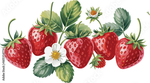 Illustration of Several Ripe Strawberries with Leaves, Flowers, and Stems on a White Background