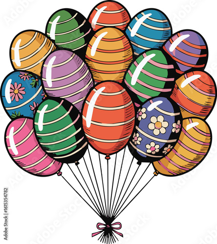 Easter day flat vector icon of colorful egg shaped balloons illustration for sticker, logo, book, t-shirt and more print or digital design 
