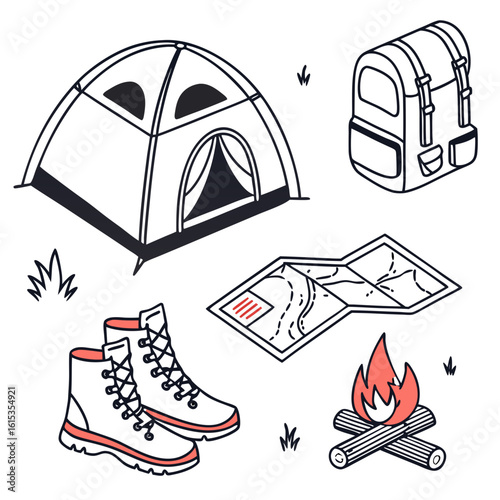 Essential camping gear illustrated with tent backpack boots map and campfire