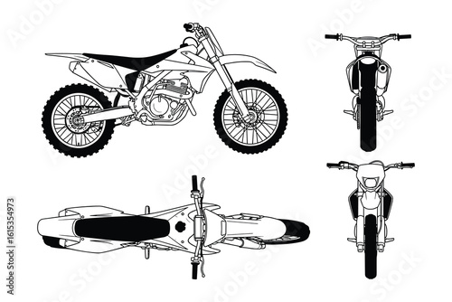Detailed Motorbike Blueprint: Top, Front, and Side Views of a Classic Motorcycle.