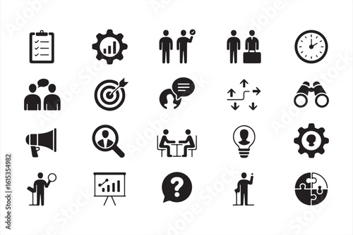 Business Collaboration and Teamwork Icons in Black: Meeting, Target, Gear, and More