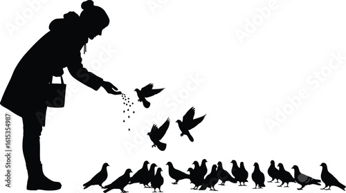 Girl Feeding Birds on Ground in Peaceful Moment Silhouette