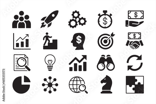 Business and Success Icons: Rocket, Goal, Gear, and Progress for Strategic Planning
